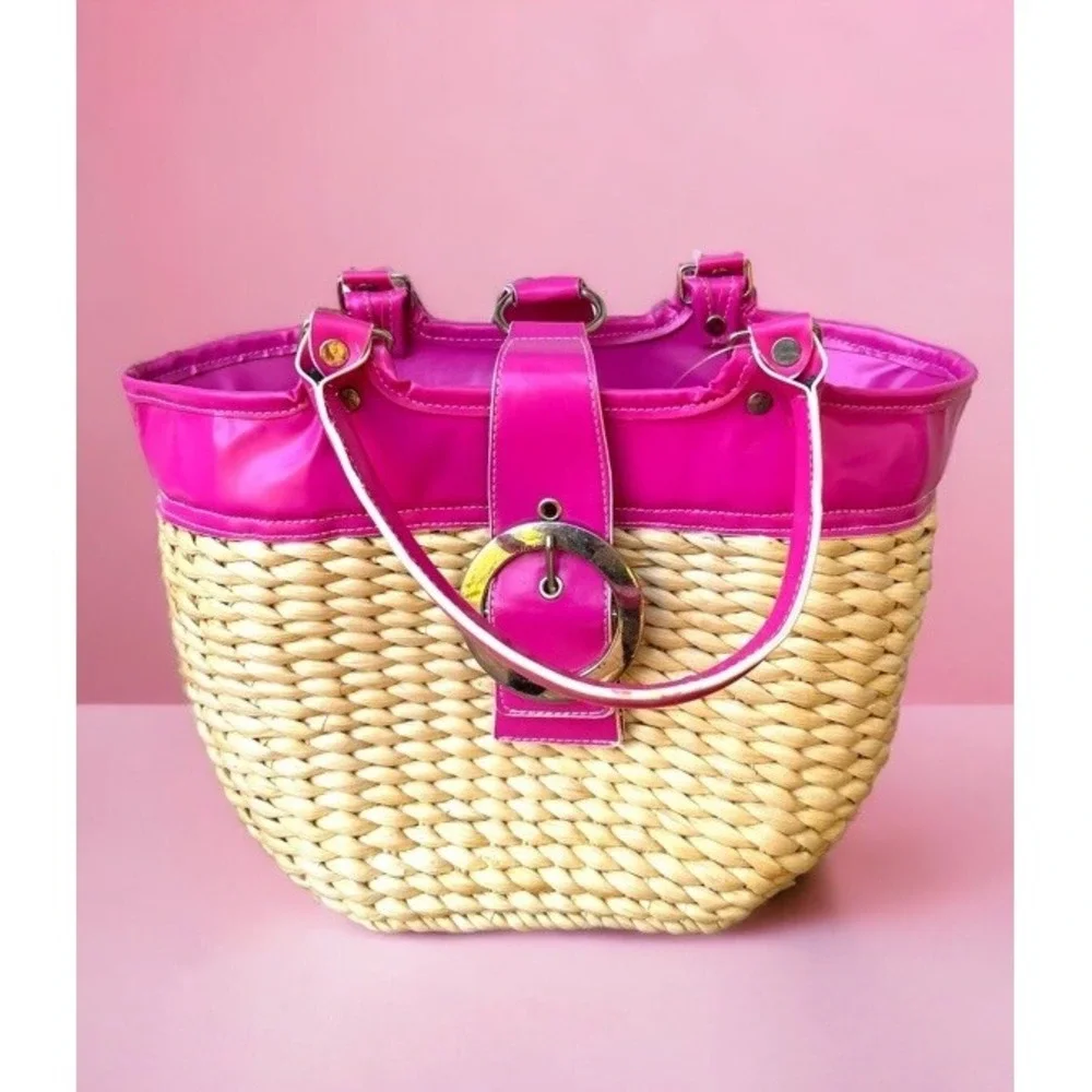 Pink Straw Satchel Bag Purse Tote Basket Bucket Retro Flower Lining Snap Flap
